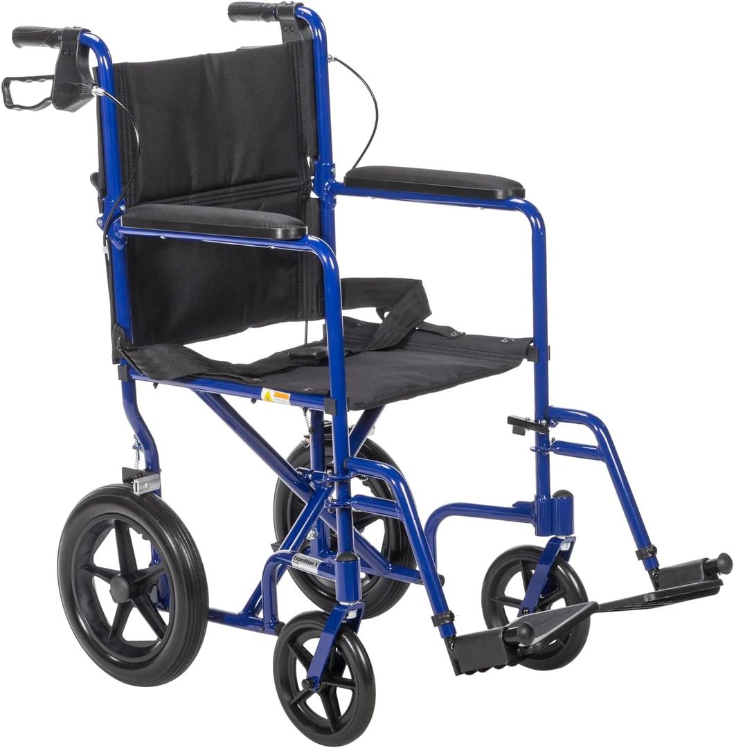 Drive Medical Lightweight Expedition Folding Transport Wheelchair with Hand Brakes - Portable Support - Large Rear Wheels - Compact Folding - Comfortable Design - Blue
