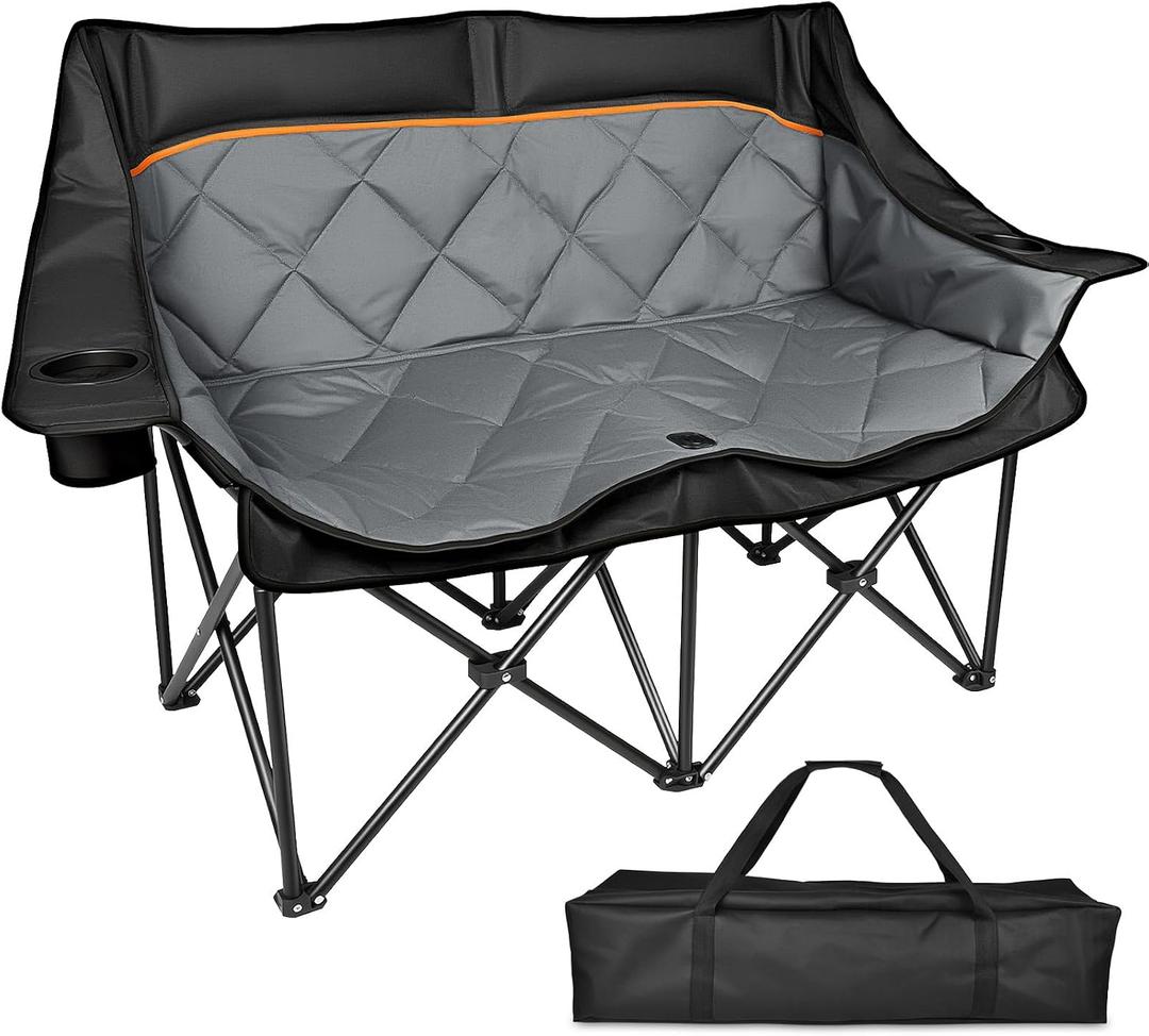 Double Camping Chair, Oversized Padded Heavy Duty Outdoor Folding Loveseat Chairs for Adults, with Cup Holders and Side Pockets, Carry Bag Included, for Outdoors Lawns Backyard Patio, 57.5" W x 37.4" H x 21.6" D