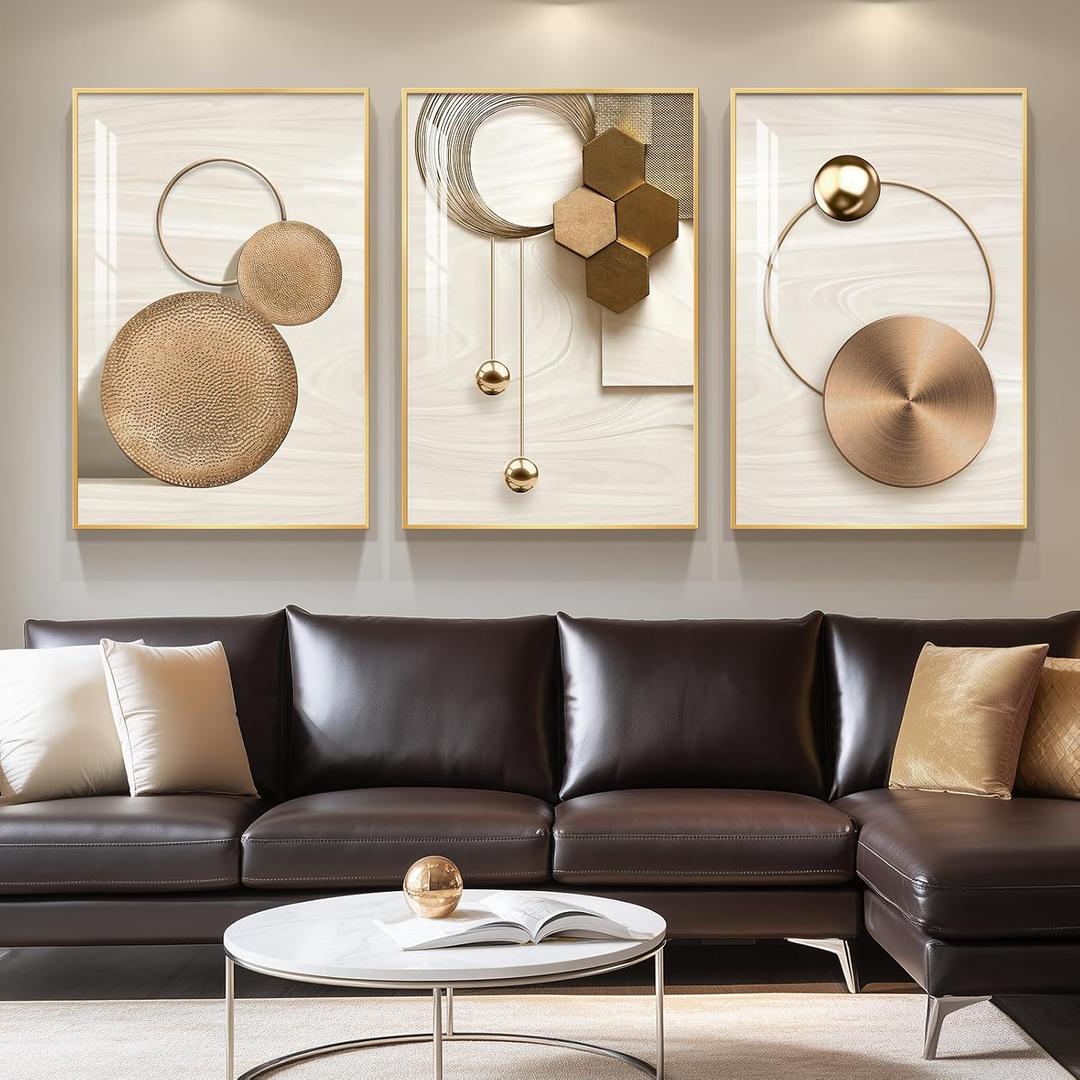 Large Framed Modern Luxury Gold Wall Art for Living Room, 3 Piece Bright Style Art Prints Paintings Artwork for Walls, Bronze Gold Geometric Pictures for Hallway Stair Office Wall Decor 24x36 In, 24" W x 36" H x 3Pcs