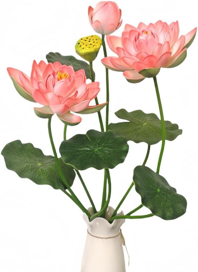 24" Artificial Flower Household Decor Silk Realistic Faux Flower Picks Bouquets Lotus Flower Fake Flowers for Home Wedding Party Decoration Flower Arrangement (Pink)