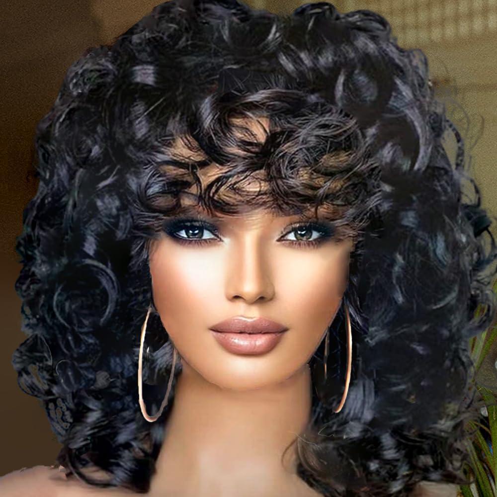 Short Curly Wigs for Black Women Afro Big Curly Wig with Bangs Black Soft Bouncy Fluffy Heat Resistant Synthetic Wig for Daily Party Use (Natural Black, 14Inch)