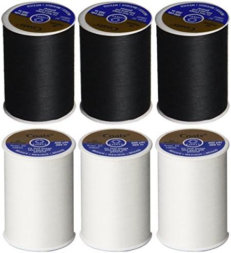 6 Pack Bundle Coats & Clark Dual Duty All-Purpose Thread - Three 400 Yard Spools each of BLACK & White