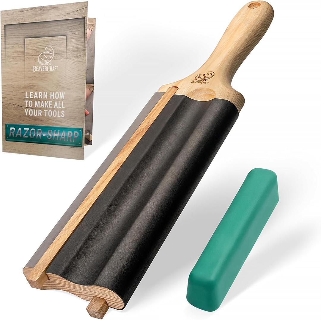 BeaverCraft LS5P1 Wood Carving Strop Wood Carving Gouge Hook Knife Sharpening Honing Tools Strop Stropping Kit Leather Paddle Strop Spoon Carving Tools Sharpening Kit Sharpener with Polishing Compound