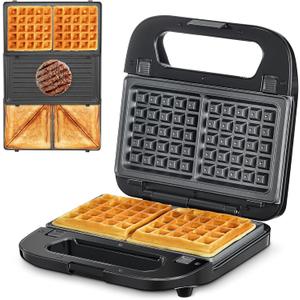 3-in-1 Waffle, Grill & Sandwich Maker, Panini Press Grill and Waffle Iron Set with Removable Non-Stick Plates, Perfect for Cooking Grilled Cheese, Tuna Melts, Burgers, Steaks and Snacks, Black (3 in1 Sandwich Maker With Plastic Handle)