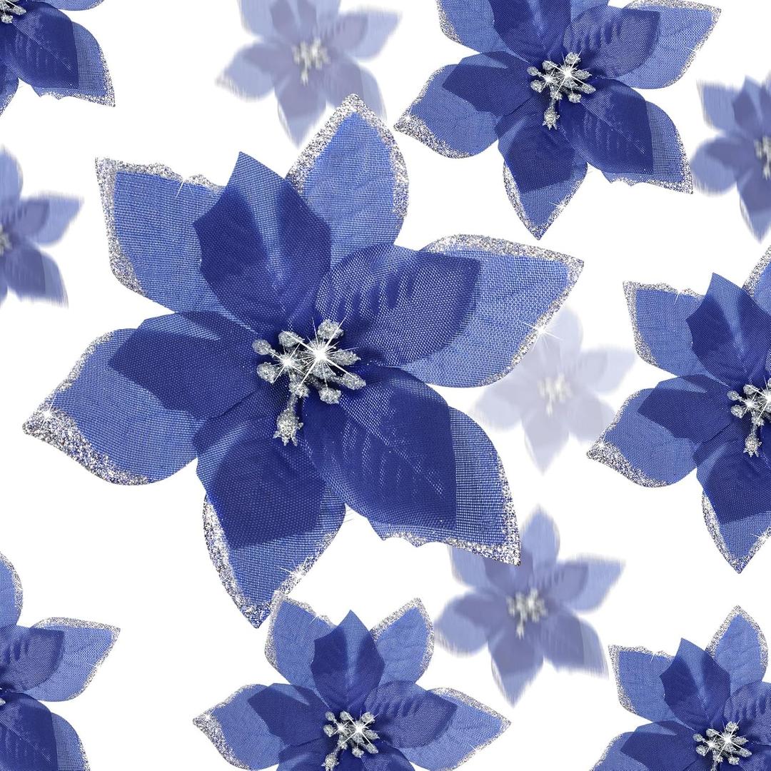 WILLBOND 36 Pcs 3 Size Christmas Poinsettia Christmas Tree Flowers Glitter Faux Flowers Decoration Artificial Poinsettia Ornaments for New Year Home Outdoor Decoration(3/4/ 6 Inch,Navy Blue)
