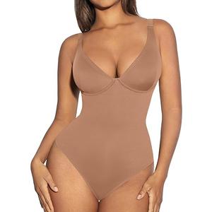 FeelinGirl Shapewear Bodysuits for Women Tummy Control Body Suits Deep V Neck Corset Body Shaper Tops Medium, Light Coffee