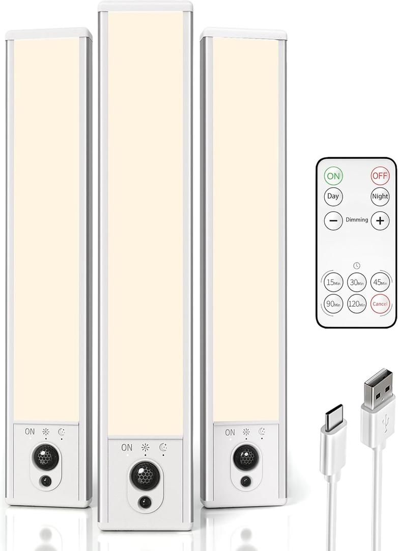 EZVALO 3-Pack Under Cabinet Lighting, 2400mAh Motion Sensor Light, LED Closet Lights Wireless, 3000K Dimmable, Timer, Magnetic, with Remote Control for Kitchen, Closet, Stair (Warm White)