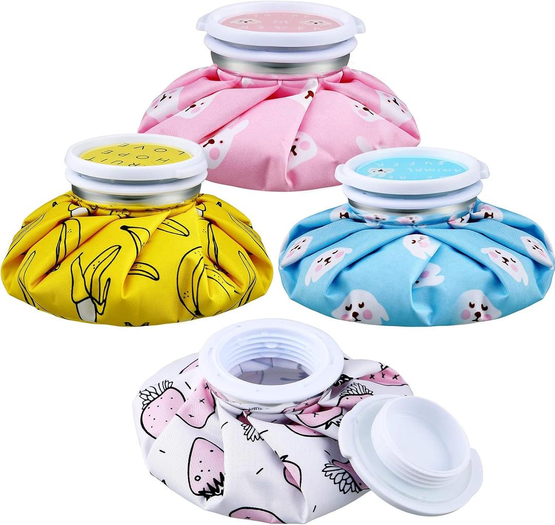 Honoson 4 Pack Reusable Ice Pack and Hot Water Bag for Adults, Cold and Hot Use for Injuries, Pain Relief, Wisdom Teeth, Breastfeeding, Tired Eyes, 5.5 Inches(Cute Fruit Style)