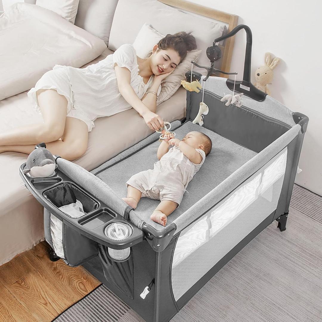 5-in-1 Pack and Play, Baby Bassinet Bedside Sleeper with U-Shaped Diaper Changer, Portable Toddler Playard for Newborn Toddlers, Baby Crib with 4 Adjustable Height, Carry Bag,Easy to Install (Grey)