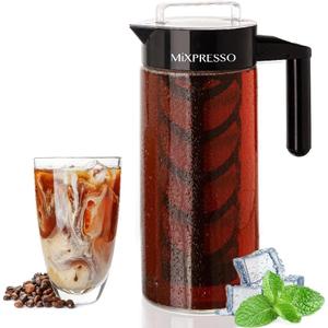 Mixpresso Cold Brew Maker For Iced Coffee and Iced Tea, Cold Coffee Maker Glass Pitcher, Tea Infuser For Loose Leaf Tea, 44oz Large Ice Tea Brewer with Easy to Clean Reusable Mesh Filter.
