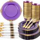 Nervure 175PCS Purple Plastic Plates - Disposable Purple Gold Party Plates & Pre Rolled Napkins with Cutlery for 25 Guests, 50Plates, 75Silverware, 25Cups, 25Napkin for Wedding & Party
