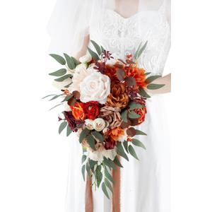 10 Inch Terracotta Wedding Bouquets for Bride Artificial Roses Flower Cascading Cascade Bridal Bouquet for Rustic Boho Fall Vintage Wedding Ceremony Party and Anniversary