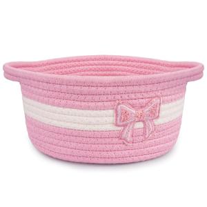 Pink Bow Basket for Nursery- Small Woven Gift Basket with Embroidered Bow, Empty Cute Rope Cotton Decorative Storage Bin, Baby 0rganizer with Handles, Shelves Shower Towel Wedding Decor