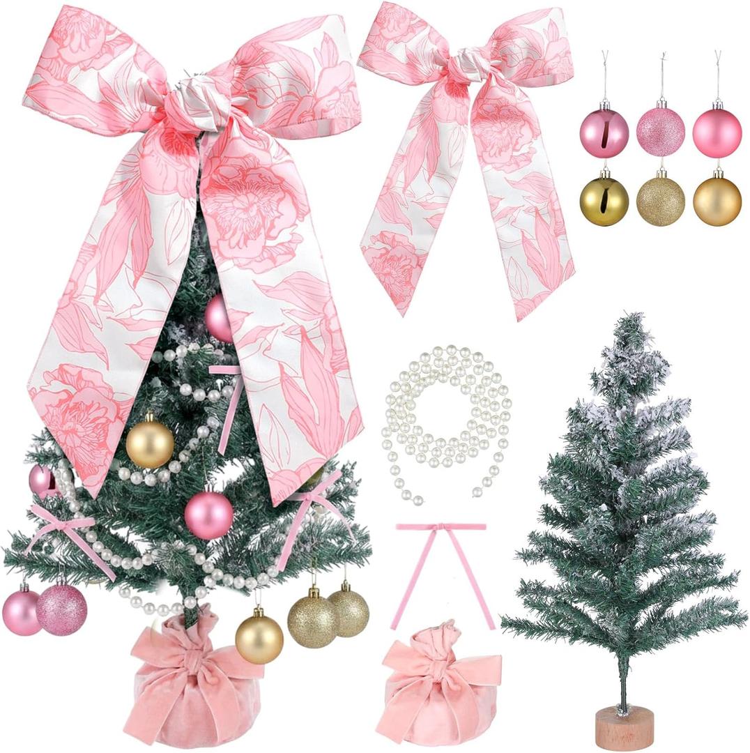35.5 Inch Coquette Christmas Tree Table Decor Love DIY Mini Snowflake Xmas Tree Craft with Pink Bow Topper Balls Pearls for Girl Home Office Decoration