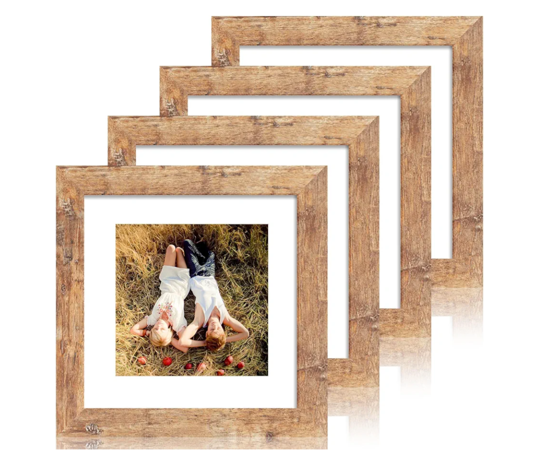 iRahmen 8x8 Picture Frame Set of 4 with HD Glass, Display 6x6 Pictures with Mat or 8 x 8 Without Mat, Square Wood Photo Frame for Wall Mount and Tabletop Display