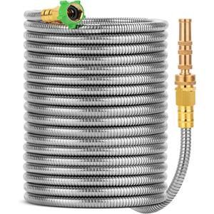 UNCO- Stainless Steel Metal Hose with 4 Function Brass Nozzle, 75 ft, No Kink, Metal Garden Hose