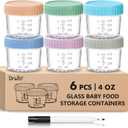 DRKIO 6 Pack Glass Baby Food Storage Containers - 4 Oz Baby Food Jars with Lids Baby Food Maker Microwave Dishwasher Freezer Safe 100% Leak Proof BPA Free Reusable