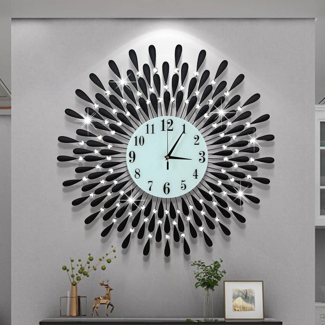Large Wall Clock Non-Ticking Silent Modern Metal Big Clocks Decorative Wall Clocks for Living Room Dining Room Bedroom Decor, Dia 28 Inch Black, 28.0*28.0 Inch