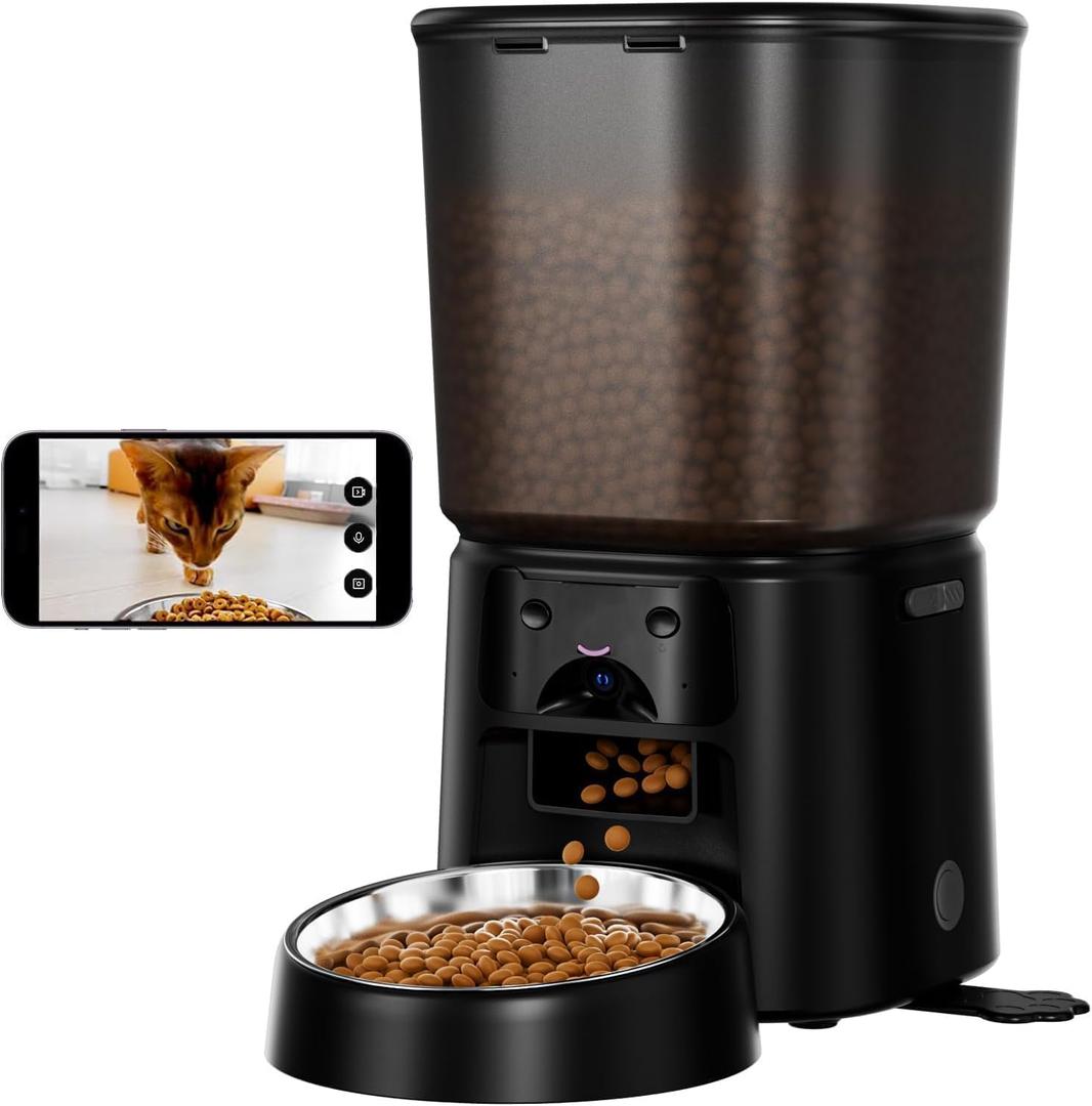 Automatic Cat Feeder with Camera, 4L WiFi Smart Pet Feeder with APP Control, 1080P HD Video,Night Vision,Voice Call, Motion Detection, Dual Power Supply, Supports 5GHz/2.4GHz,for Dogs Cats, Small-Pet (Black)
