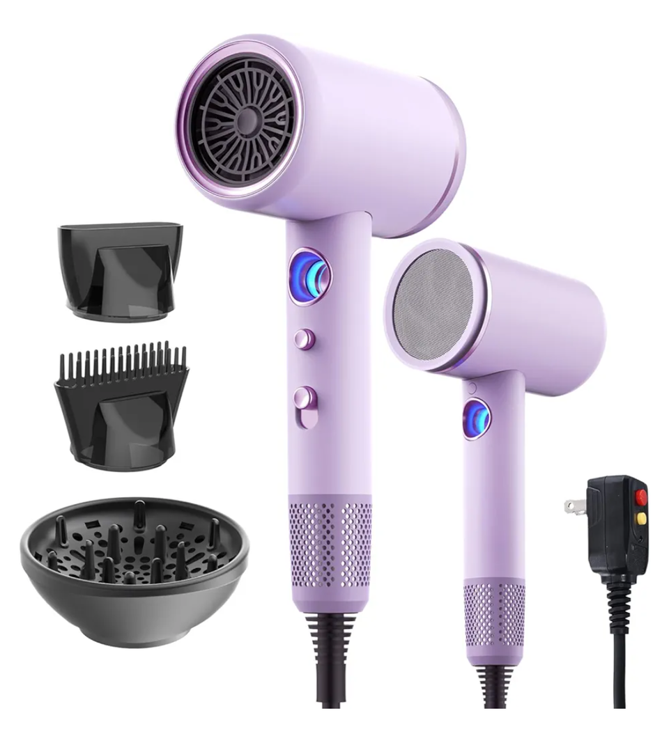 Fast-Drying Ionic Hair Dryer,1875 Watt High-Speed Ionic Blow Dryer with Diffuser/Concentrator/Comb Nozzle,LED Temp Display,Intelligent Temp Control,Low Noise for Home Salon Travel (Purple)