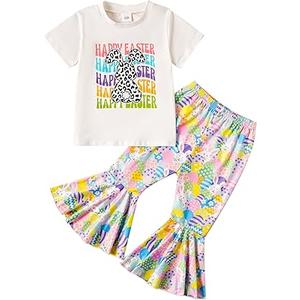 Tinypainter Girl Easter Outfit Short Sleeve Bunny T-Shir+Flared Bell Bottom Pants Easter Clothes, 6-7Y