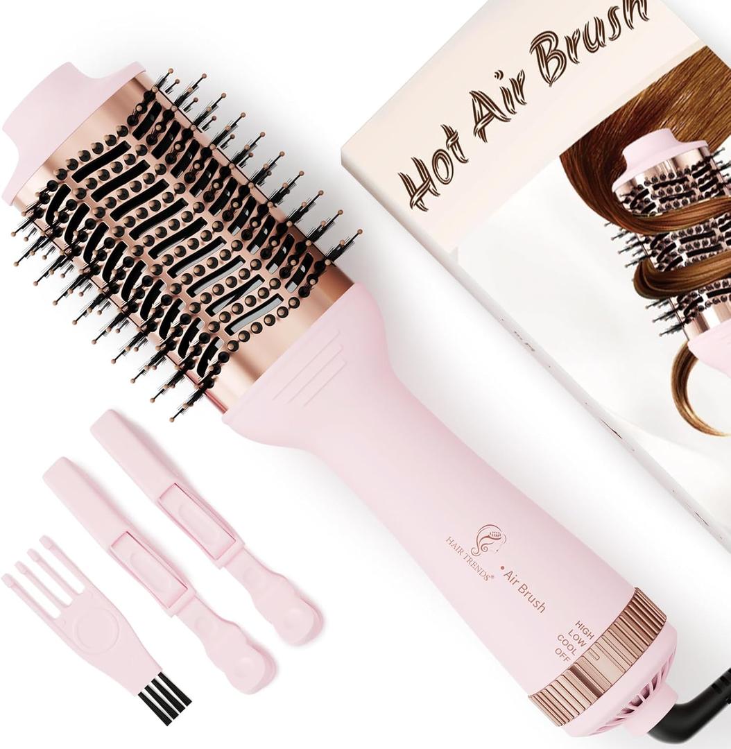 Big Size 1200W Dual Voltage Hot Air Brush Dryer, 110-240V 4 in 1 Ionic Blowout Hair Dryer Brush & Styler Volumizer with 75MM Oval Titanium Barrel for Long & Thick Hair