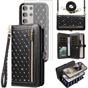 Phone Case for Samsung Galaxy S25 Ultra 5G Zipper Wallet Detachable Cell Cover with Screen Protector Crossbody Lanyard Strap Bling Glitter Flip Card Holder Slot S25Ultra 25S S 25 25Ultra Women Black