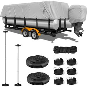 1200D Pontoon Boat Cover with Support Poles 2 Pack, Heavy Duty Pontoon Boat Cover, 17-20 ft Boat Cover for Pontoon with Motor Cover, Adjustable 14 Tie Down Straps,Gray