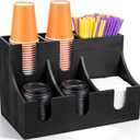 Leinuosen Pine Wood Cup and Condiment Organizer, Large Breakroom Restaurant Coffee Drink Station Organizer, 6 Compartments for Disposable Cups, Lids, Tea, Sugar, Stirrers, Napkins, 13.6 x 8.8 x 9 in