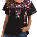 YZXDORWJ Women's Embroidered Mexican Peasant Blouse Mexico Summer Shirt Short Sleeve, Size 3XL