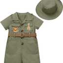 Baby Safari Outfit Wild One Birthday Outfit Girl Short Sleeve Safari Jumpsuit with Hat Toddler Zoo Keeper Outfit (12-18 Months, Army Green)