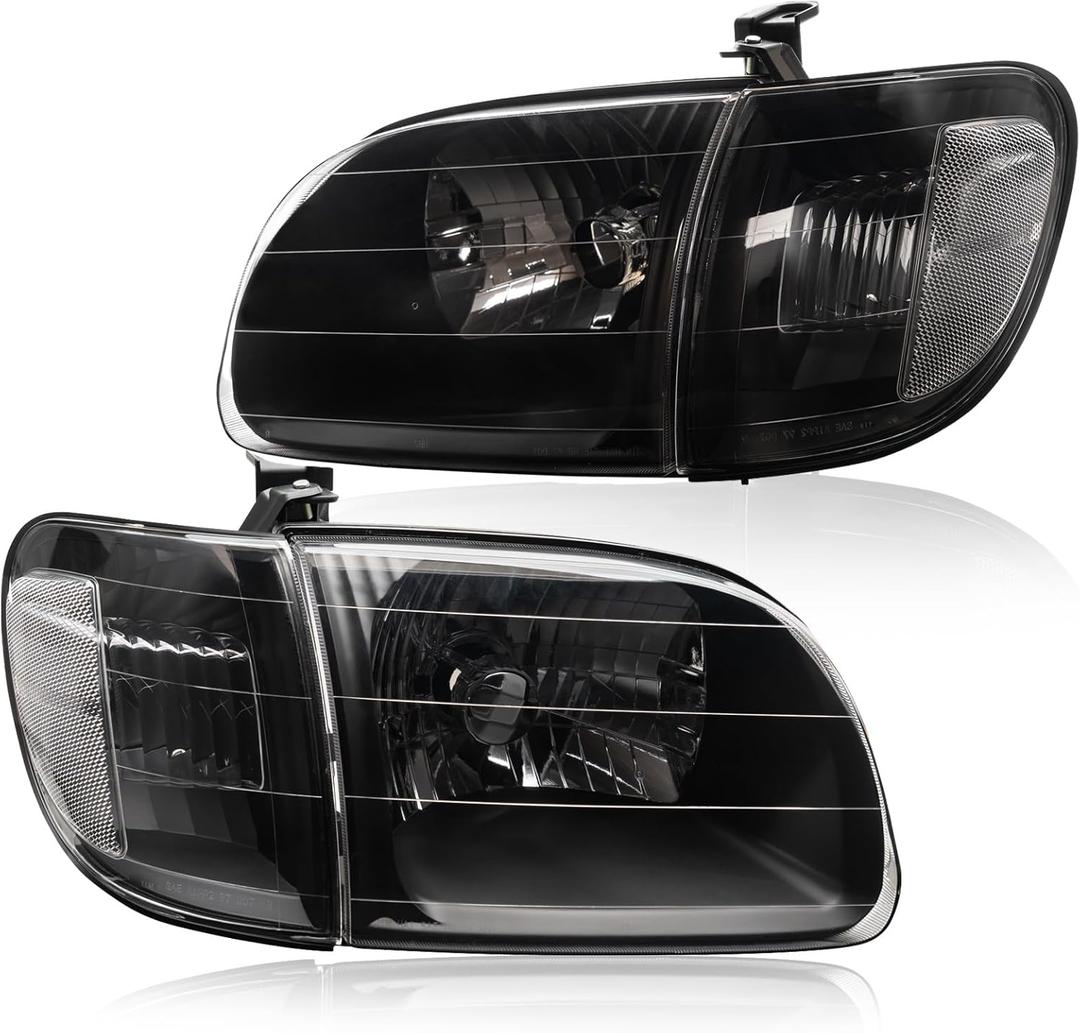 4Pcs Black Clear Lens Headlights + Parking Lights Corner Lamps Assembly Fits 2000 2001 2002 2003 2004 Toyota Tundra Regula/Access Cab Halogen Head Lights L+ R, Replace# TO2530135, TO2531135