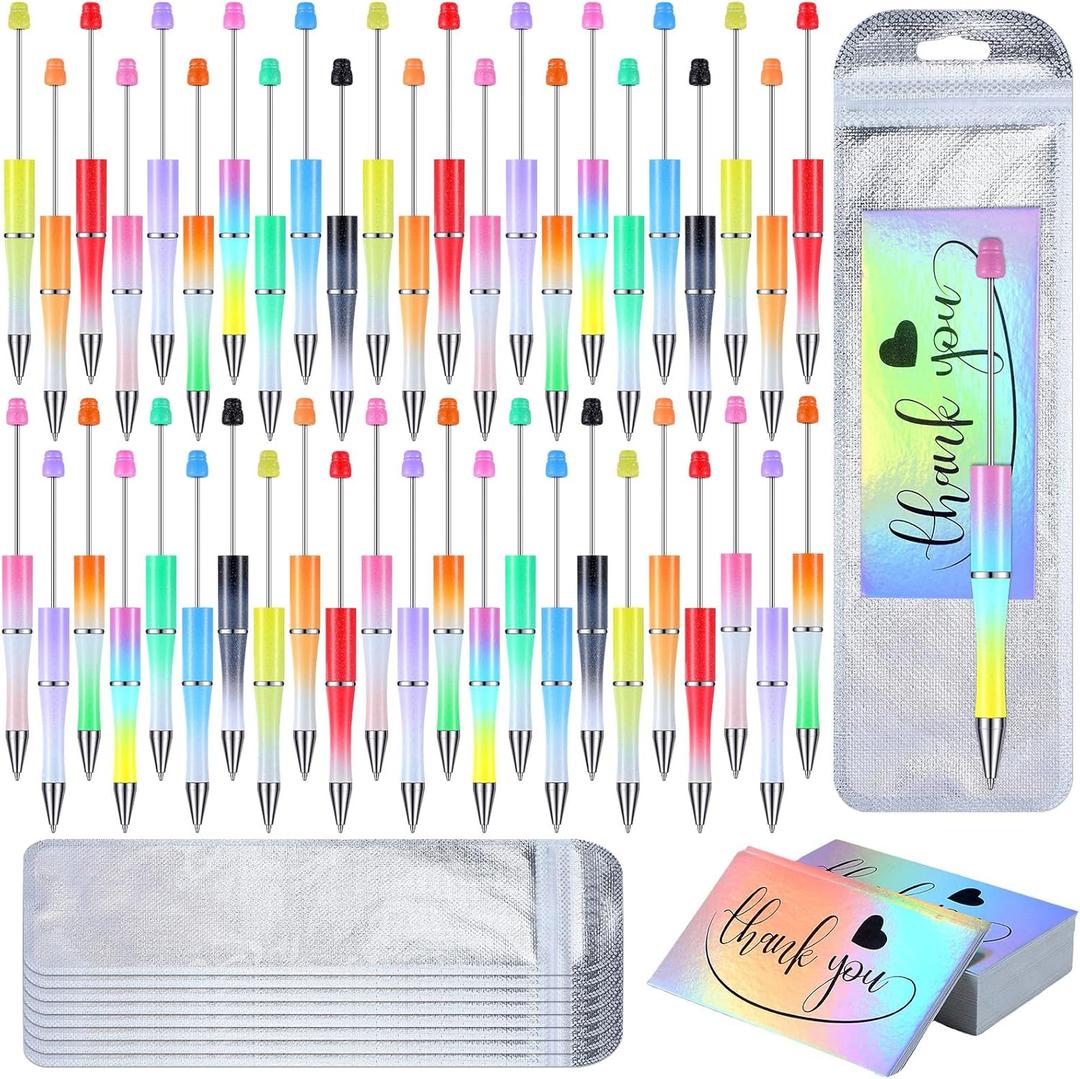 Yeaqee 150 Pieces Beadable Pens Kit 50 Pieces Colors Plastic Beaded Ballpoint Pens Bulk 50 Foil Thank You Cards with 50 Resealable Packaging Bags for School DIY Making Gift(Gradient Style)