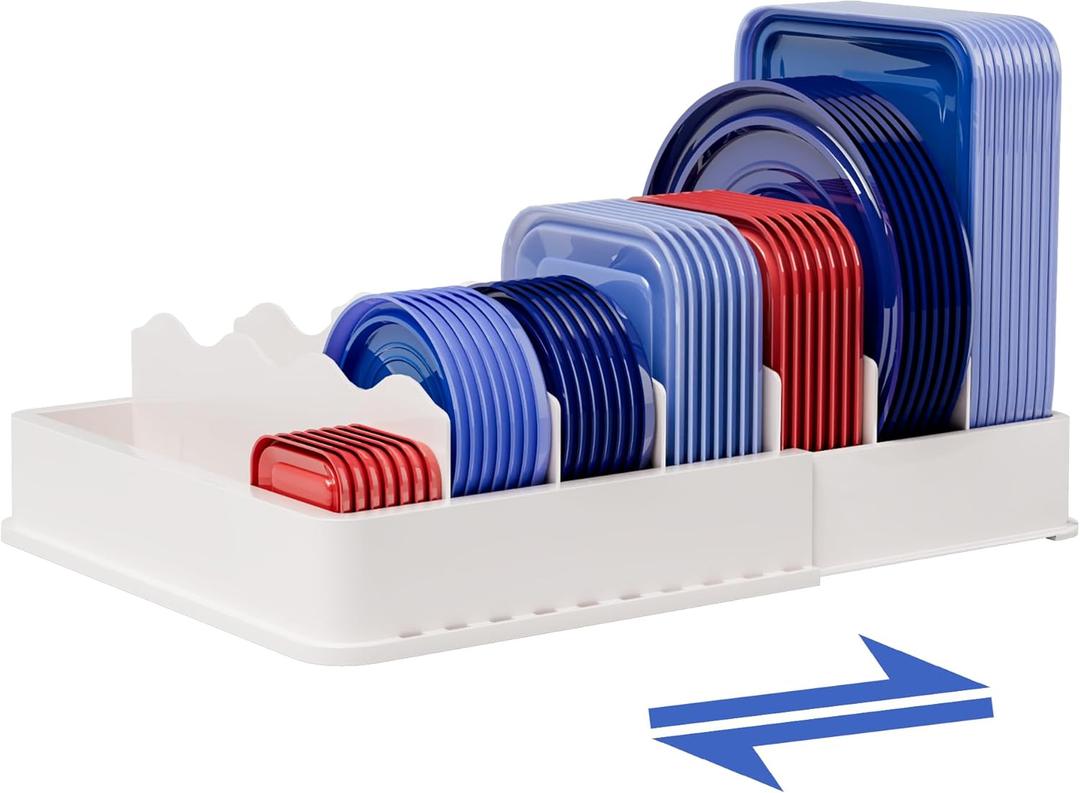 SWOMMOLY Expandable Food Storage Container Lid Organizer, Includes 6 Adjustable Dividers, 30 Preprinted and Blank Writable Labels, White (Large)