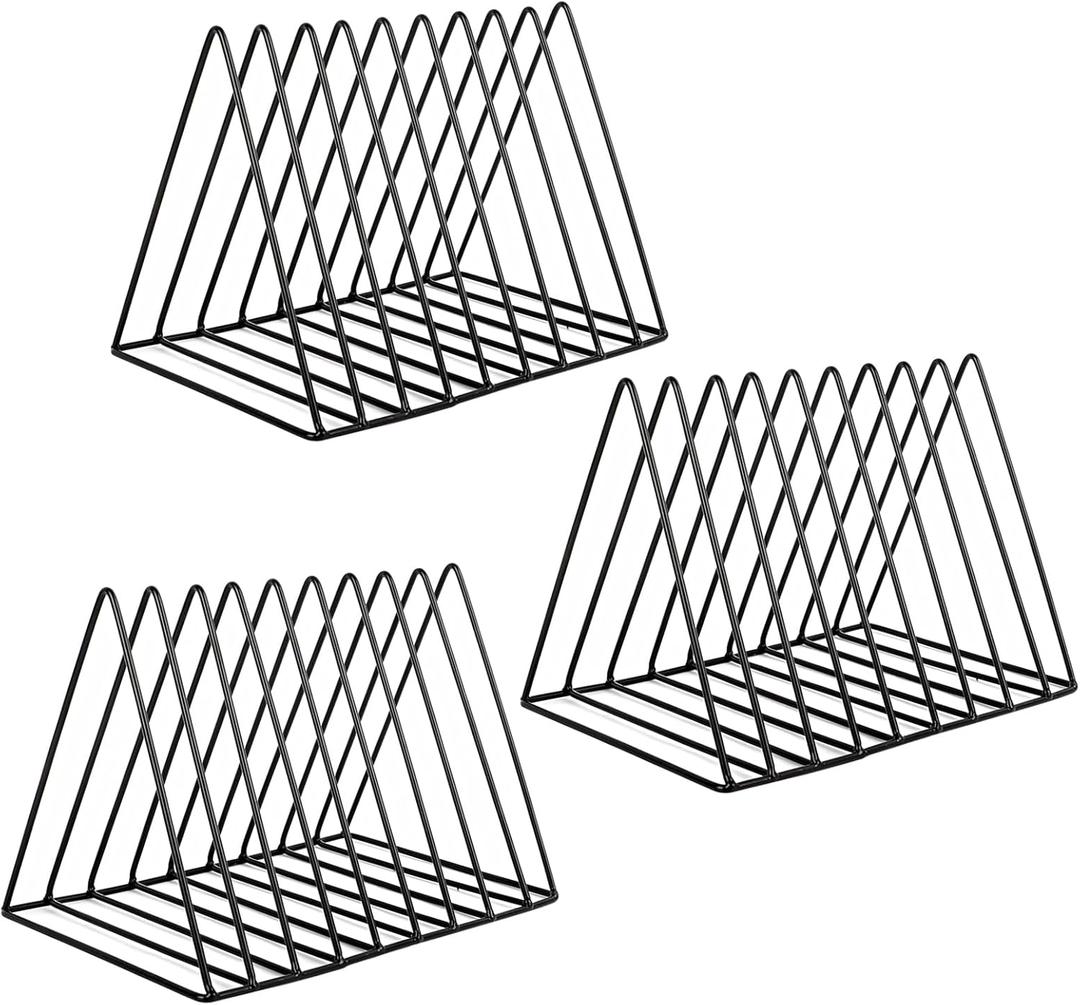 EASEPRES Vinyl Record Holder Storage, 9 Slot Metal Magazine Book Album Display Rack, Stylish Triangle Desktop File Sorter Organizer for Home Office, Black Pack of 3