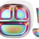 AIEVE Stainless Steel Kids Plates and Bowls, 5 Pcs Kids Dinnerware Set Includes Stainless Steel Toddler Plate with Lid, Utensils, Cup and Bowl