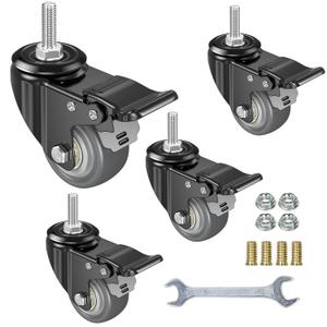 2 Inch Swivel Caster Wheels Set of 4, Metric M8-1.25 Threaded stem(Bolt Diameter 8mm, Length:1) Durable Soft Rubber casters with Double Lock Mechanism, castors for Carpet Hardwood Floor.