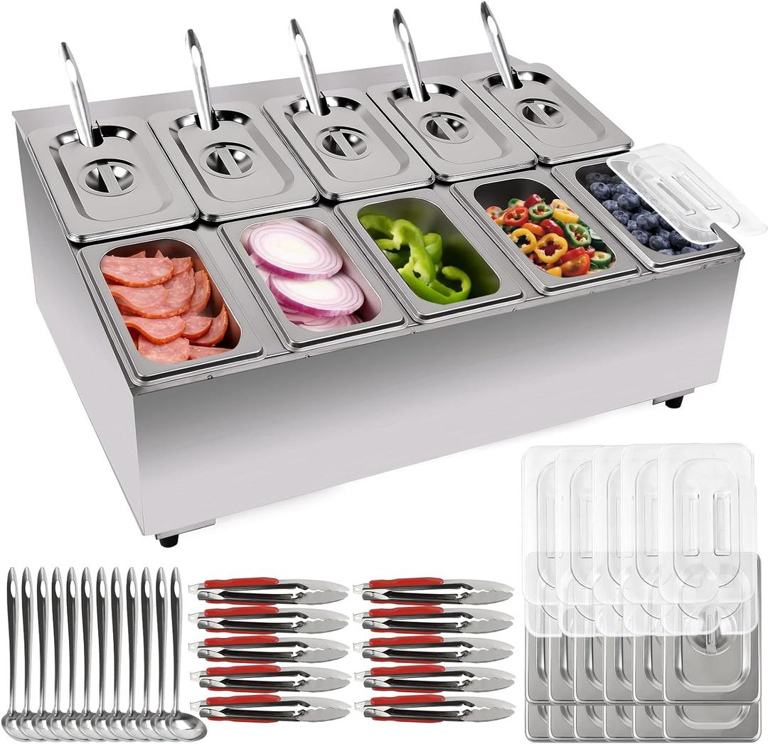 Pizza Topping Station 10 Pans Pizza Storage Container Topping containers with Lids Spoon Condiment Organizers Buffet Containers Set for Restaurant Pizza Sauce Jam Fruit Ingredient