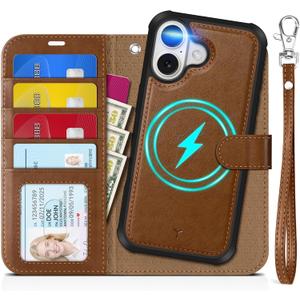 TUCCH Detachable Case Wallet for iPhone 17 (6.3") 2025, Wrist Strap, 4 Card Holders RFID Blocking, Wireless Charging, Stand, 2-in-1 Magnetic, PU Leather, Shockproof Folio Cover, Brown