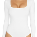 MANGOPOP Women's Square Neck Short Sleeve Long Sleeve Bodysuit Sexy Body Suits Shirt Slim Fitted Tops, White, Size S