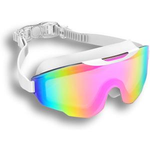 Professional Swimming Goggles with Rainbow Mirror Coating, Anti-Fog, UV Protection, Adjustable Strap, White, Black