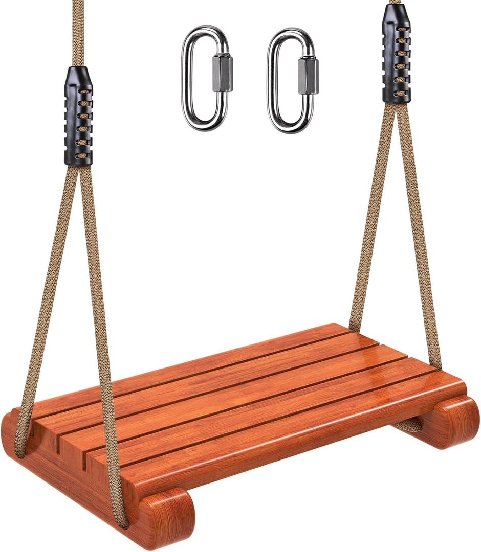 SELEWARE Wooden Swing Seat with Adjustable Rope | Heavy Duty Flat Tree Swing for Adults & Kids, Indoor/Outdoor Playground Swing Set (17.5 x 10.6 Inch)