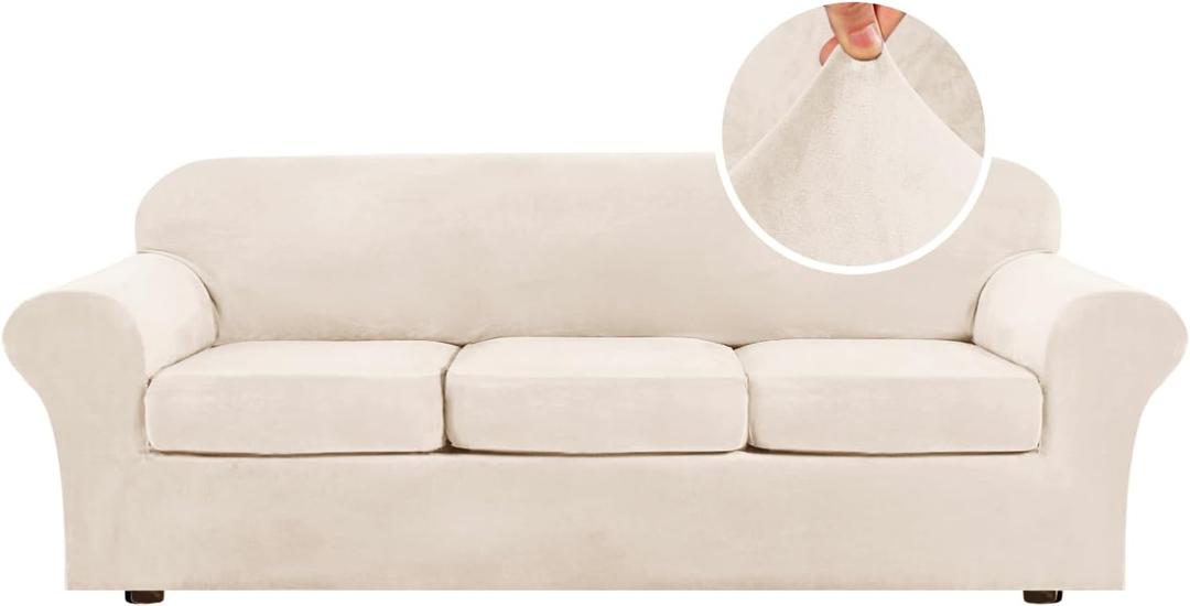 H.VERSAILTEX High Stretch Sofa Slipcover 4 Piece Cover Velvet Furniture Protector Form Fit Thick Velvet Extra Large Sofa Cover for 3 Cushion Couch Width Up to 97 Inch (Large Sofa, Cream)