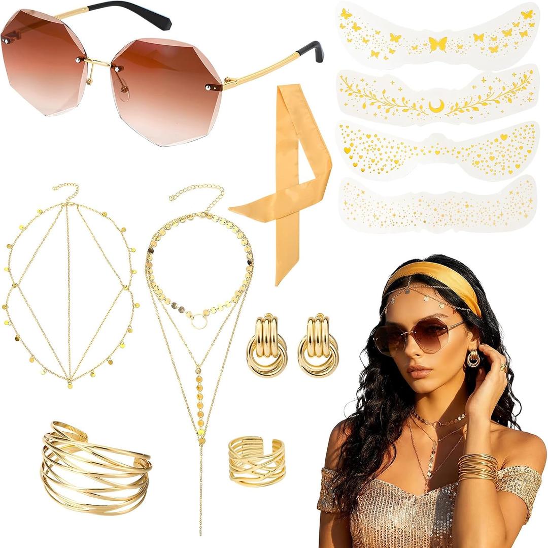 JATEBI 11Pcs 70s Disco Accessories for Women Disco Costume Accessory Set Coil Bracelet Rings Earrings 70s Sunglasses Layered Necklace Sequin Head Chain Face Tattoo Stickers for Party Cosplay