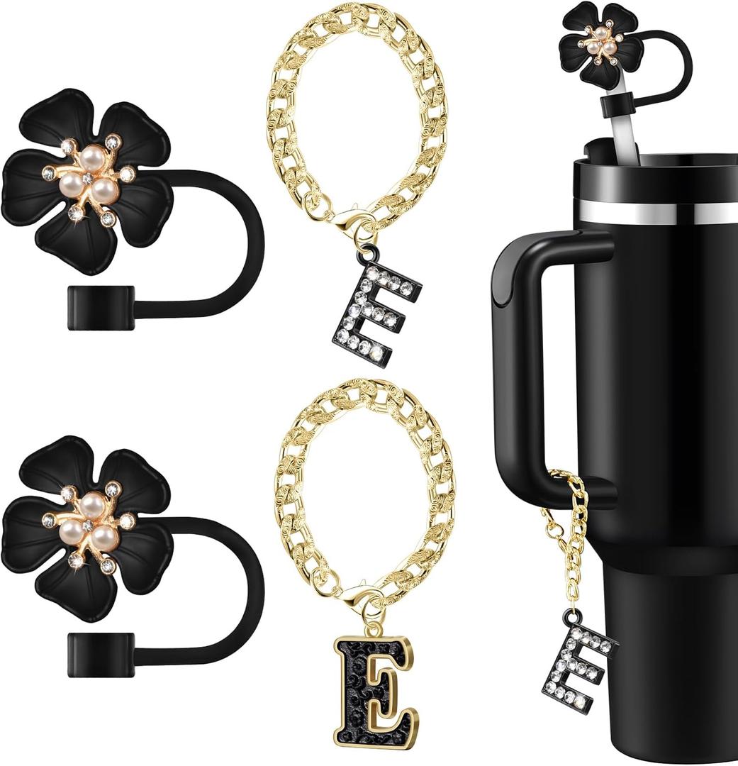 Straw Covers for Stanley Cup Accessories: Black Decorations for Stanley 30 oz & 40 oz Tumbler with Handle, Bling Letter Charms and Flower Silicone Straw Cap Topper, Trendy Stuff for Teen Girls & Women