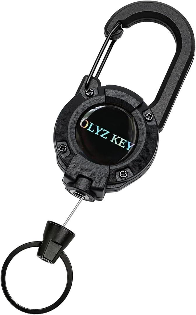 Retractable Keychain Heavy Duty Multitool Carabiner Key Chain, Saltwater Resistant 60CM Steel Cord Badge Reel, Carabiner Key Holder for Work & Outdoor, Bearing 10 oz, Black