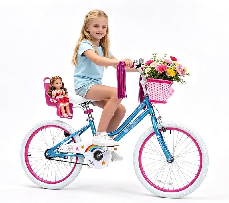 WinHope Girls Bike with Doll Seat, 20 Inch Kids Bike| Dual Brake with Training Wheels / Kickstand & Streamers Birthday Gift for Toddler Outdoor Riding,