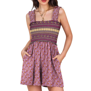 Rompers for Women 2025 Summer Casual Smocked Sleeveless Printed Dressy Romper Shorts Jumpsuit Beach Vacation Outfits (Small)