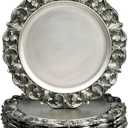 13" Antique Silver Charger Plates, Set of 6 Plastic Textured Chargers for Dinner Plates with Embossed Rim, Table Dcor, Party, Wedding, Holiday (FD02S)