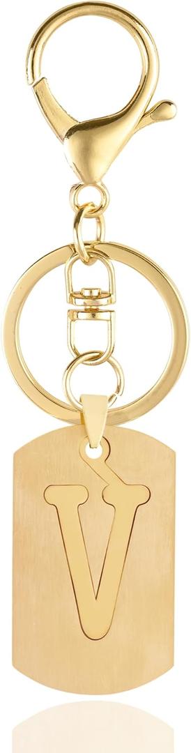 5 x A-Z Stainless Steel Letter Keychain - Alphabet Initial Key Ring for Men Women, Purse or Car Charm (V Gold)